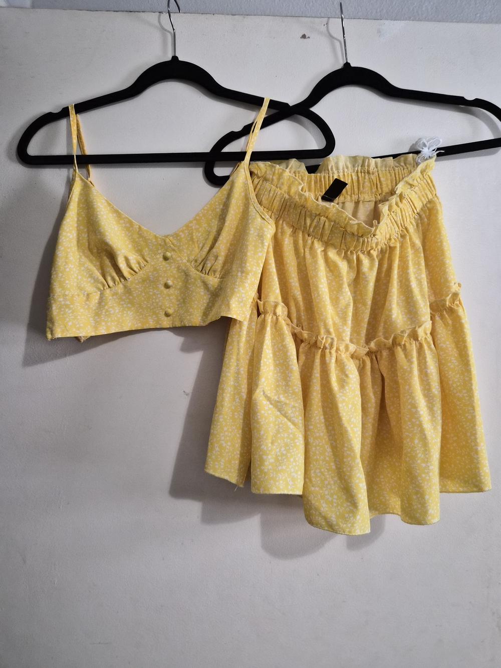 SHEIN Yellow Floral Button-Front Crop Top & Skirt Set